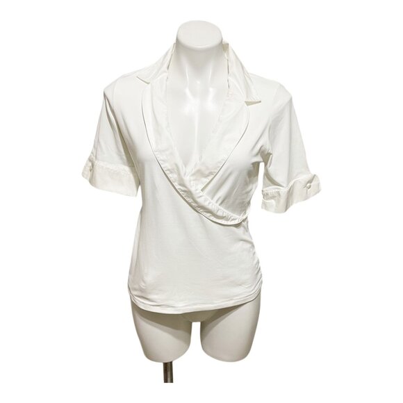 Anne Fontaine Size 4 White Faux Wrap 1/2 Sleeve Peroline Jersey Blouse - Picture 2 of 7